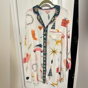 Katie Kime Cotton Woven Notch Collar Long Sleeve Button Front Sleep Shirt